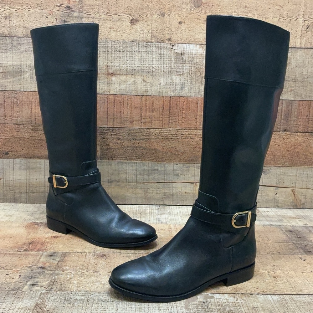 Cole Haan W00386 Boots Womens Size 8 39 Black Leather Knee High Riding Zip